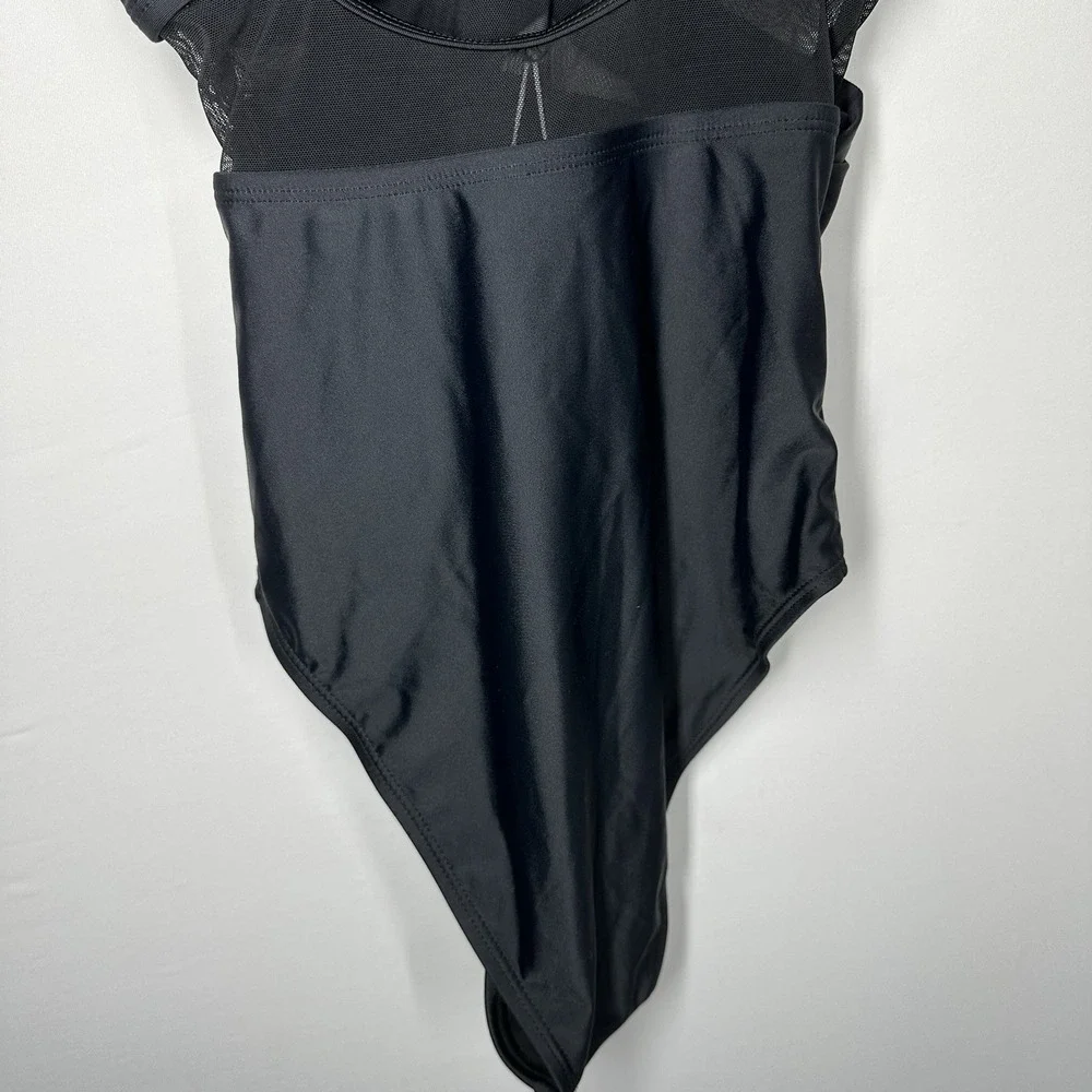 Cupshe #DASL1151BB Solid Mesh Wrap Front Cutout Black One Piece Swimsuit XS